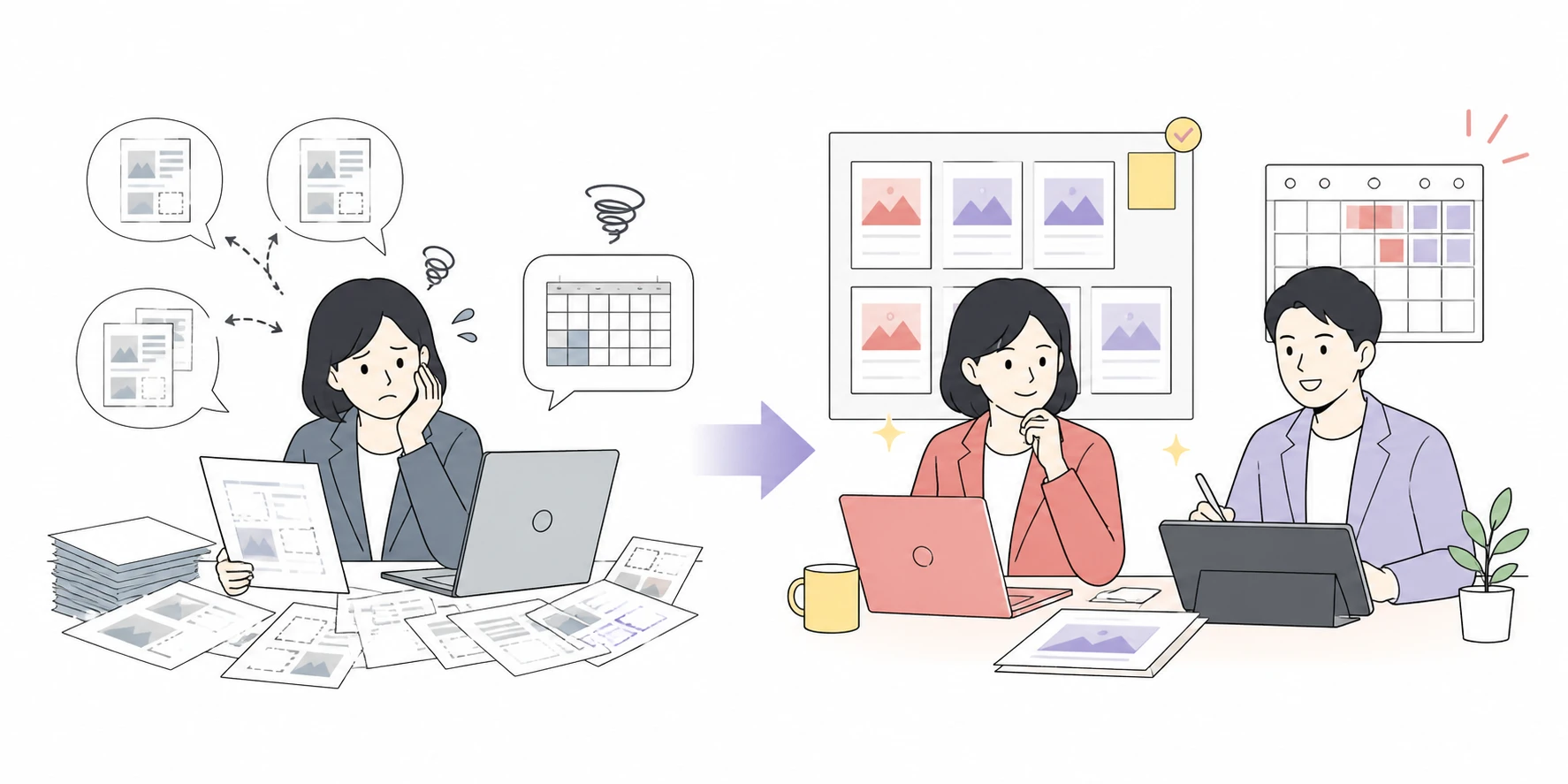 制作外注のBefore・After：資料の山と外注待ちから、デザイン部署をレンタルして進行がそろう